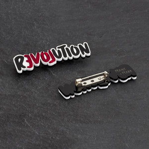 Meaningful LOVE REVOLUTION Statement Brooch shown front and back handmade by Maine and Mara