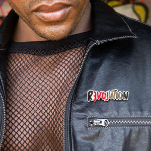 Australian-made LOVE REVOLUTION Statement Brooch worn on leather jacket handmade by Maine and Mara