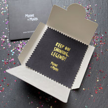 Load image into Gallery viewer, Earrings KEEP ON SHINING, LEGEND! | Jewellery Cleaning Cloth Handprinted Gold foil - Black Jewellery cleaning cloth.