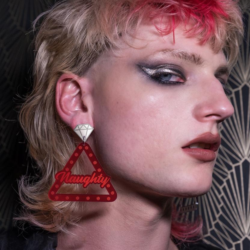 Person Wearing Red Australian Handmade Maine And Mara NAUGHTY And NICE Christmas Earrings