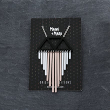 Load image into Gallery viewer, Long Colour Pop Chimes Pendant Statement Necklace in Opal and Rose Gold on packaging by Maine and Mara