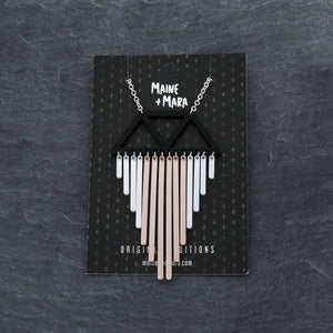 Long Colour Pop Chimes Pendant Statement Necklace in Opal and Rose Gold on packaging by Maine and Mara