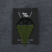 Load image into Gallery viewer, Long Colour Pop Chimes Pendant Statement Necklace in Olive on packaging by Maine and Mara