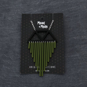Long Colour Pop Chimes Pendant Statement Necklace in Olive on packaging by Maine and Mara