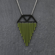 Load image into Gallery viewer, Long Colour Pop Chimes Pendant Statement Necklace in Olive by Maine and Mara