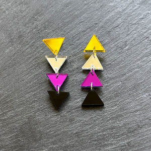 earrings MINI 4cm / STUDS NON BINARY TRIANGLE DANGLES IN 3 SIZES Non Binary Flag handmade statement earrings Australia