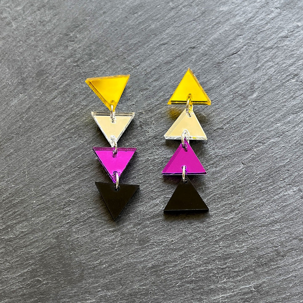 earrings MINI 4cm / STUDS NON BINARY TRIANGLE DANGLES IN 3 SIZES Non Binary Flag handmade statement earrings Australia