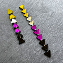 Load image into Gallery viewer, earrings MISMATCH 8.5 + 17cm / STUDS NON BINARY TRIANGLE DANGLES IN 3 SIZES Non Binary Flag handmade statement earrings Australia