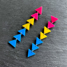Load image into Gallery viewer, earrings MATCHING 8.5cm / STUDS PANSEXUAL TRIANGLE DANGLES IN 3 SIZES Long Pansexual Flag handmade statement earrings Australia