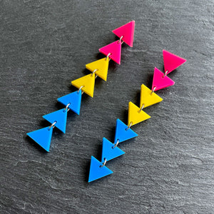 earrings MATCHING 8.5cm / STUDS PANSEXUAL TRIANGLE DANGLES IN 3 SIZES Long Pansexual Flag handmade statement earrings Australia