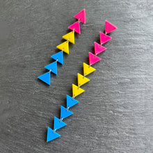 Load image into Gallery viewer, earrings MISMATCH 8.5 + 17cm / STUDS PANSEXUAL TRIANGLE DANGLES Long Pansexual Flag handmade statement earrings Australia