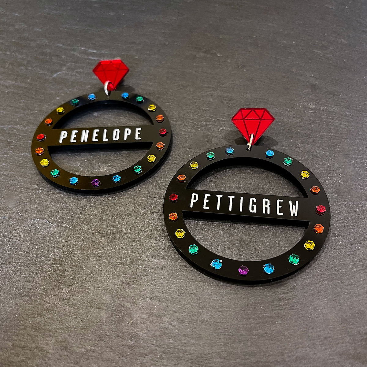Maine And Mara Customisable GRANDE CROWN JEWEL Pride Rainbow Black Hoop Earrings, Made In Australia