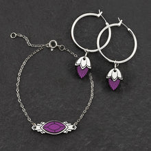 Load image into Gallery viewer, Handmade Maine And Mara Art Deco Athena Silver bracelet with amethyst purple gem and matching hoop earrings