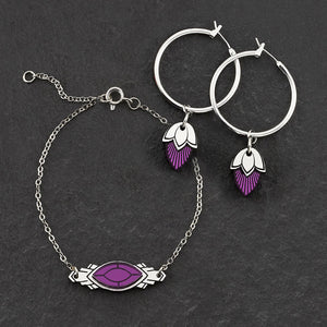 Handmade Maine And Mara Art Deco Athena Silver bracelet with amethyst purple gem and matching hoop earrings