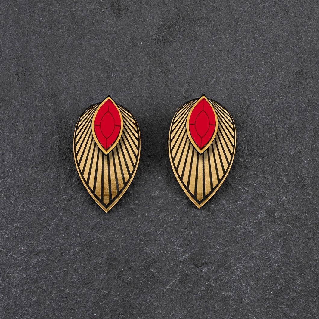 Maine And Mara Ruby Red CLIP ON ATHENA Studs with Gold Magnetic Jackets, Handmade In Australia