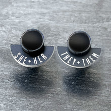 Load image into Gallery viewer, Earrings THEY / THEM / SHE / HER / GLOSSY BLACK FEARLESSLY FLUID Pronoun Studs Changeable Pronoun mini studs | statement earrings
