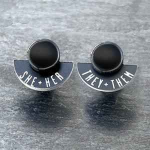 Earrings THEY / THEM / SHE / HER / GLOSSY BLACK FEARLESSLY FLUID Pronoun Studs Changeable Pronoun mini studs | statement earrings