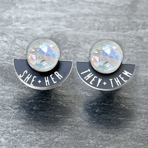 Earrings THEY / THEM / SHE / HER / HOLOGRAPHIC GLITTER FEARLESSLY FLUID Pronoun Studs Changeable Pronoun mini studs | statement earrings