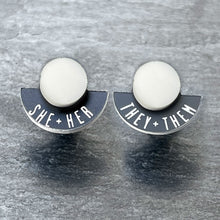 Load image into Gallery viewer, Earrings SHE / HER / THEY / THEM / GLOSSY WHITE FEARLESSLY FLUID Pronoun Studs Changeable Pronoun mini studs | statement earrings