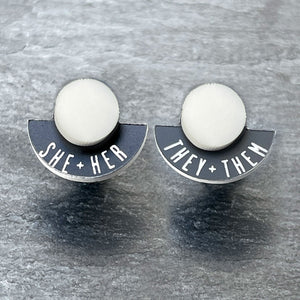 Earrings SHE / HER / THEY / THEM / GLOSSY WHITE FEARLESSLY FLUID Pronoun Studs Changeable Pronoun mini studs | statement earrings