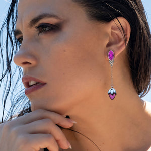 Person wearing the stackable Maine and Mara handmade ATHENA Silver and purple gem Earrings without shield