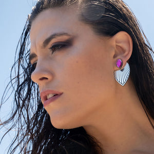 Person Wearing Australian Made Maine And Mara THE ATHENA Purple and Silver Customisable Drop Earrings