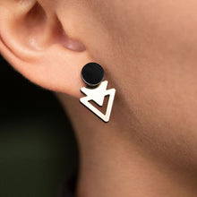 Load image into Gallery viewer, Model wearing Unique Australian-made black and silver Arrow Jacket Mini Studs by Maine and Mara