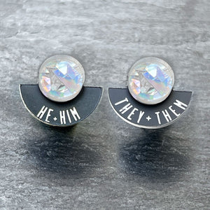 Earrings HE / THEY / HOLOGRAPHIC GLITTER FEARLESSLY FLUID Pronoun Studs Changeable Pronoun mini studs | statement earrings