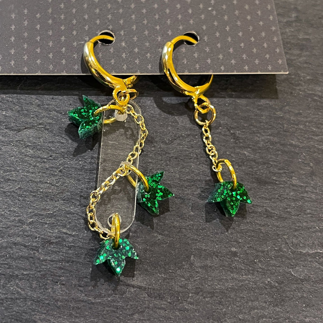 Earrings POISON IVY MISMATCHED HUGGIE HOOPS Poison Ivy Green and Gold dangles