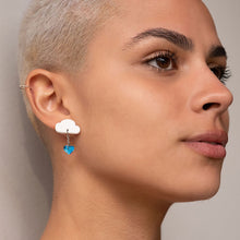 Load image into Gallery viewer, Person wearing White and blue LOVE RAINDROPS Cloud and Heart Earrings by Maine and Mara