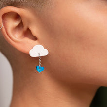 Load image into Gallery viewer, Closeup of Person wearing White and blue LOVE RAINDROPS Cloud and Heart Earrings by Maine and Mara